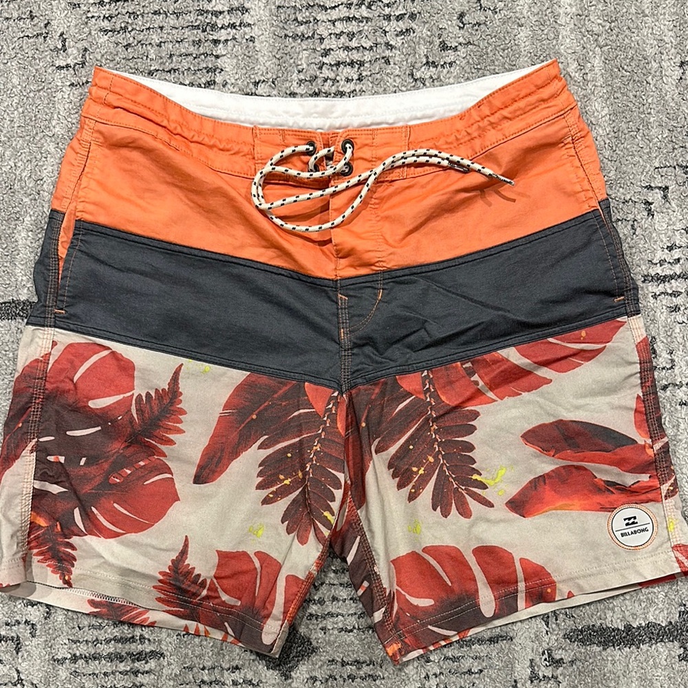 Billabong Orange and Black Leaf Print Swim Shorts
